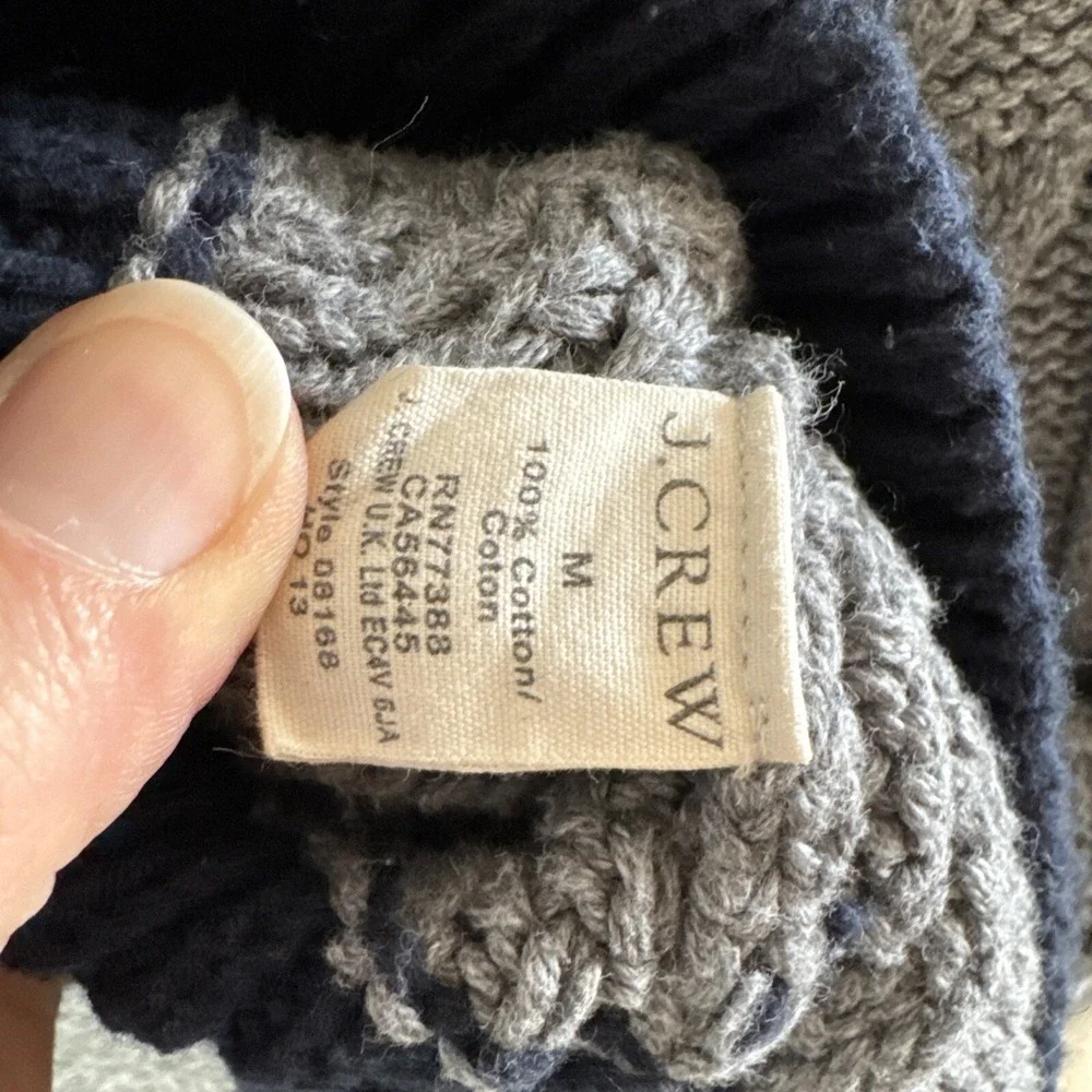 J.Crew Sweater Men Size M Gray Navy Cotton Triple Cable Knit Fisherman Sailing‎